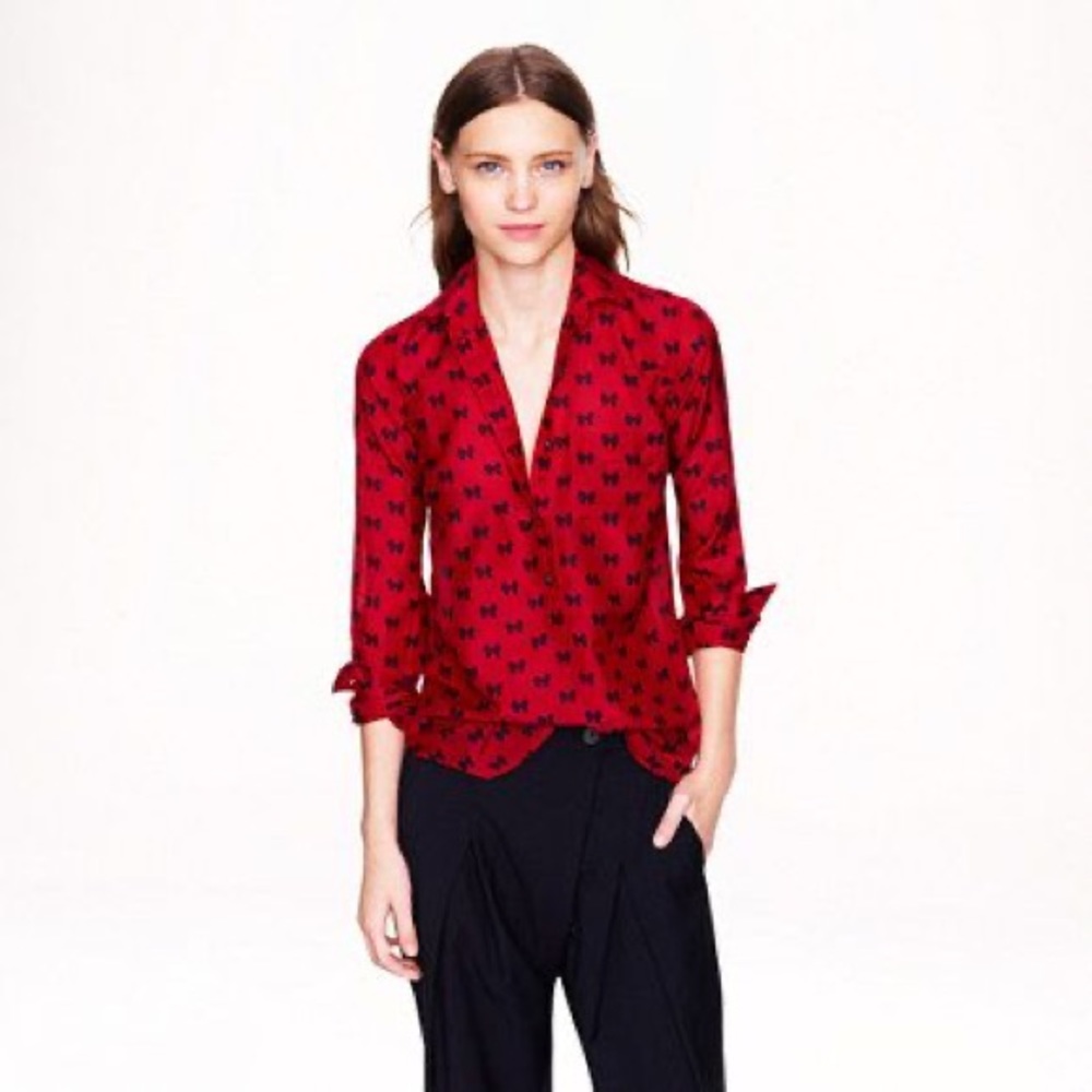 J.Crew Holiday Boy Popover in Bows Button Down Blouse Size 2